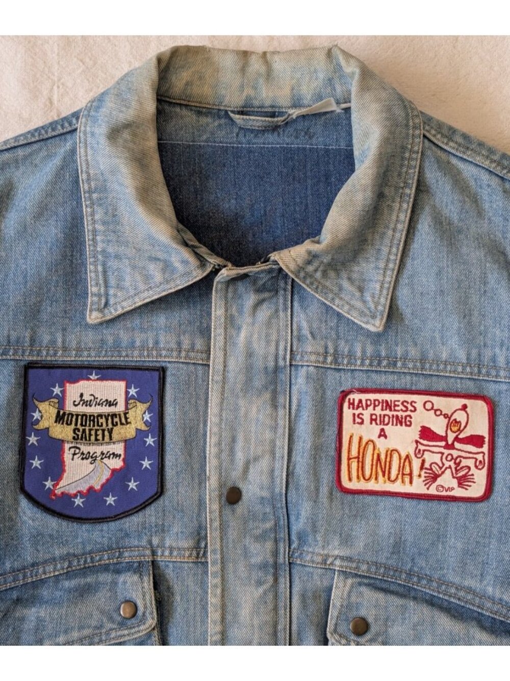 Vintage 80s Snoopy Honda Biker Denim Patch Jacket Wrangler Pocket Full Zip Large - Picture 4 of 12